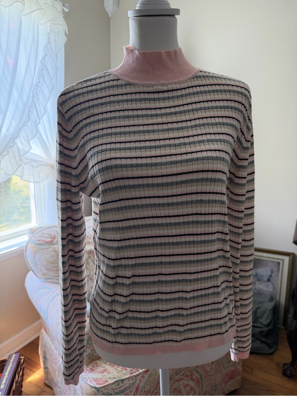Classic Elements Pink & Black Striped Ribbed Mock Neck Sweater Top